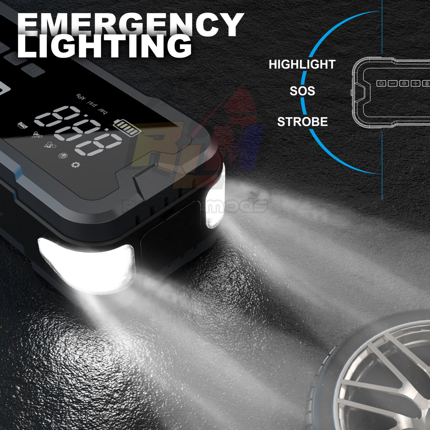 Portable Car Jump Starter With Power Bank, Tire Inflator, Emergency Light, and Waterproof Design