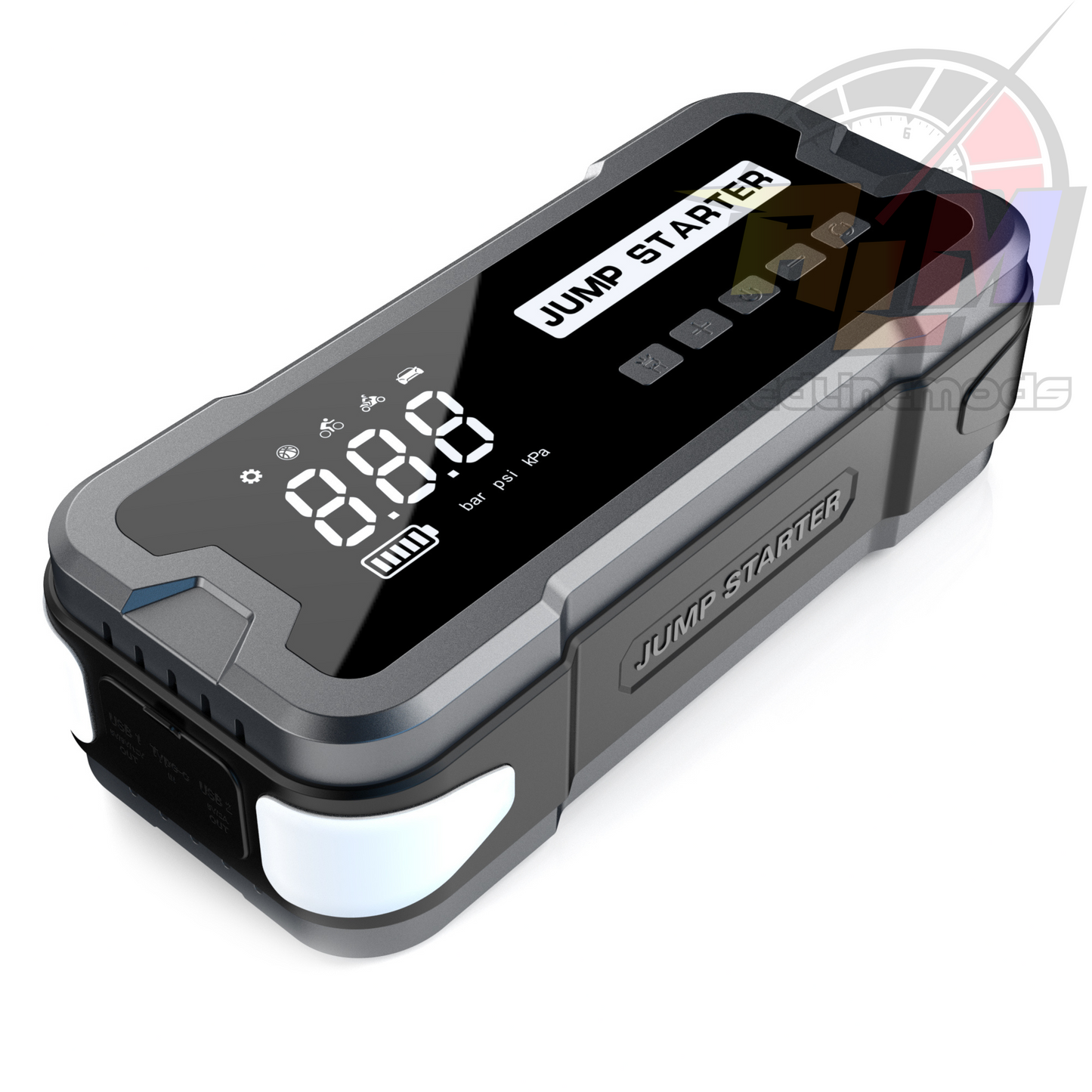 Portable Car Jump Starter With Power Bank, Tire Inflator, Emergency Light, and Waterproof Design