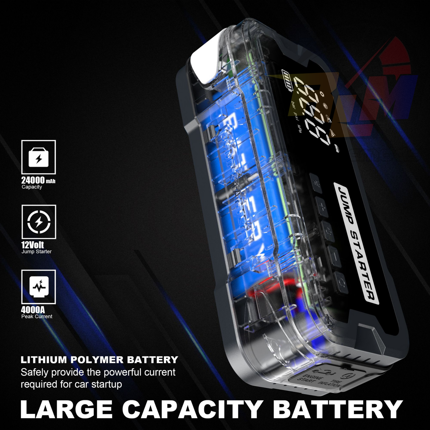 Portable Car Jump Starter With Power Bank, Tire Inflator, Emergency Light, and Waterproof Design
