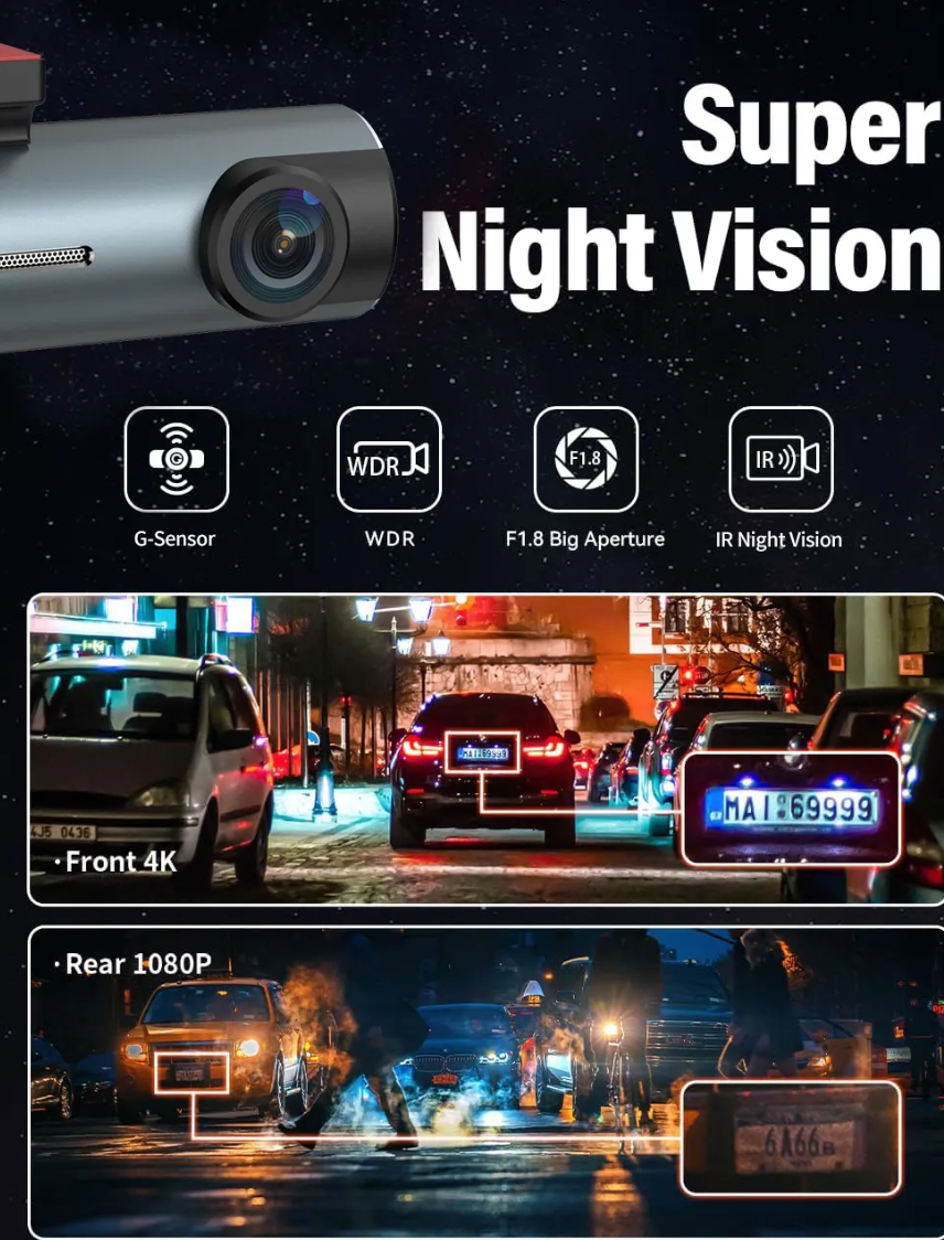 4K Dash Cam Front & Back 360 Degree Turn With App/Wifi Super Night Vision