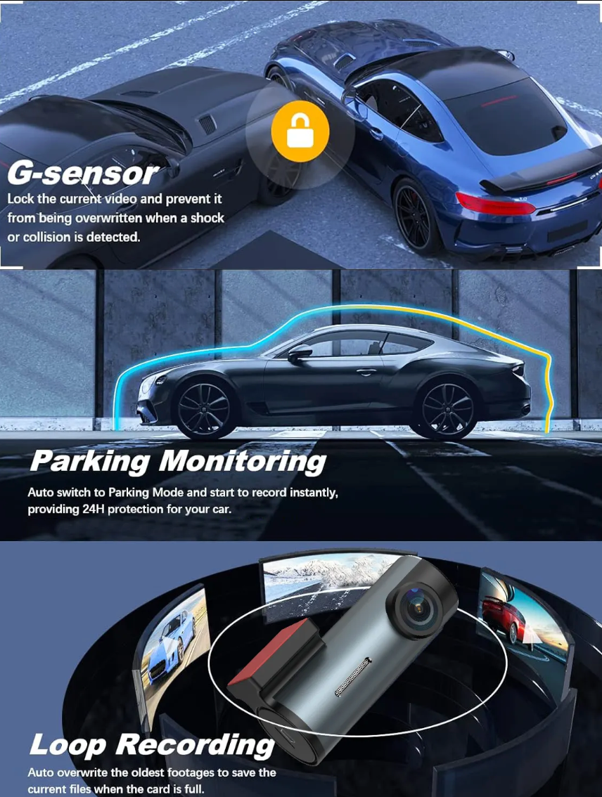 4K Dash Cam Front & Back 360 Degree Turn With App/Wifi Super Night Vision