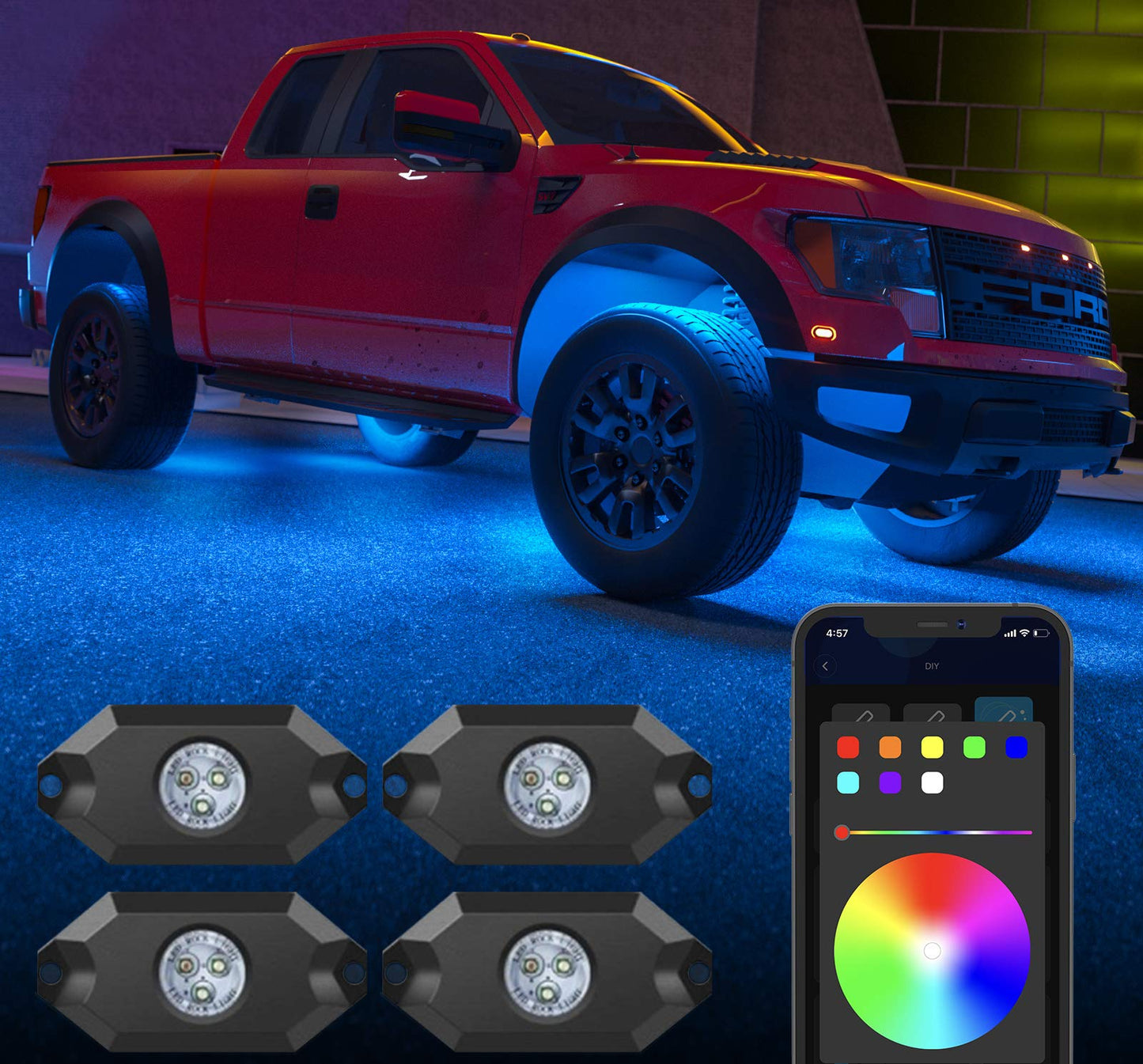 RGB LED Rock Lighting Kit 4 Pods Underglow