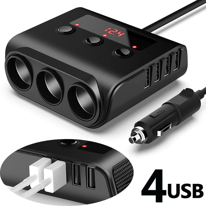 Three Way 12V-24V Multi Socket Car Cigarette Lighter Splitter USB Charger