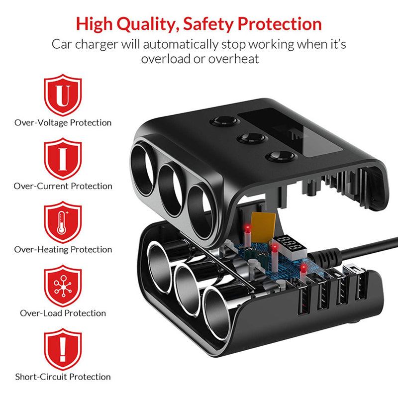 Three Way 12V-24V Multi Socket Car Cigarette Lighter Splitter USB Charger