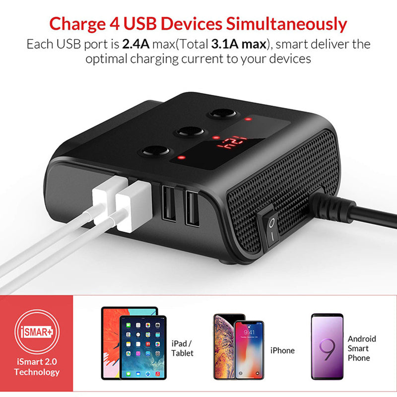 Three Way 12V-24V Multi Socket Car Cigarette Lighter Splitter USB Charger