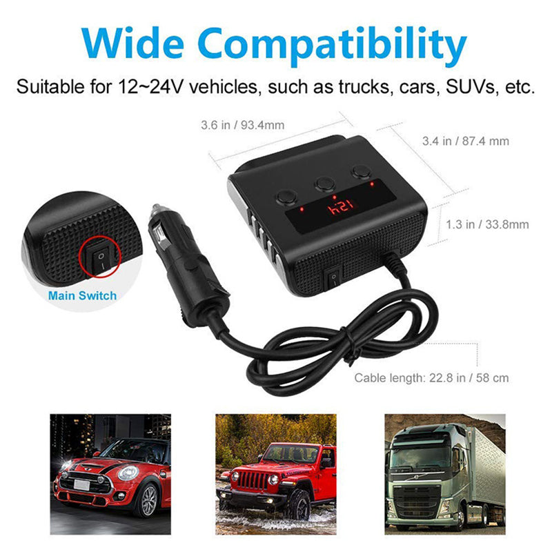 Three Way 12V-24V Multi Socket Car Cigarette Lighter Splitter USB Charger