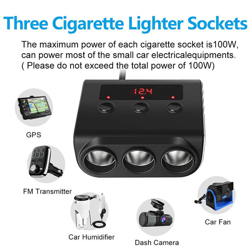 Three Way 12V-24V Multi Socket Car Cigarette Lighter Splitter USB Charger